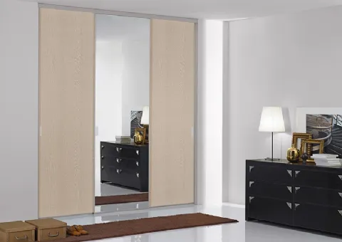Trois portes d'armoires en bois et miroir