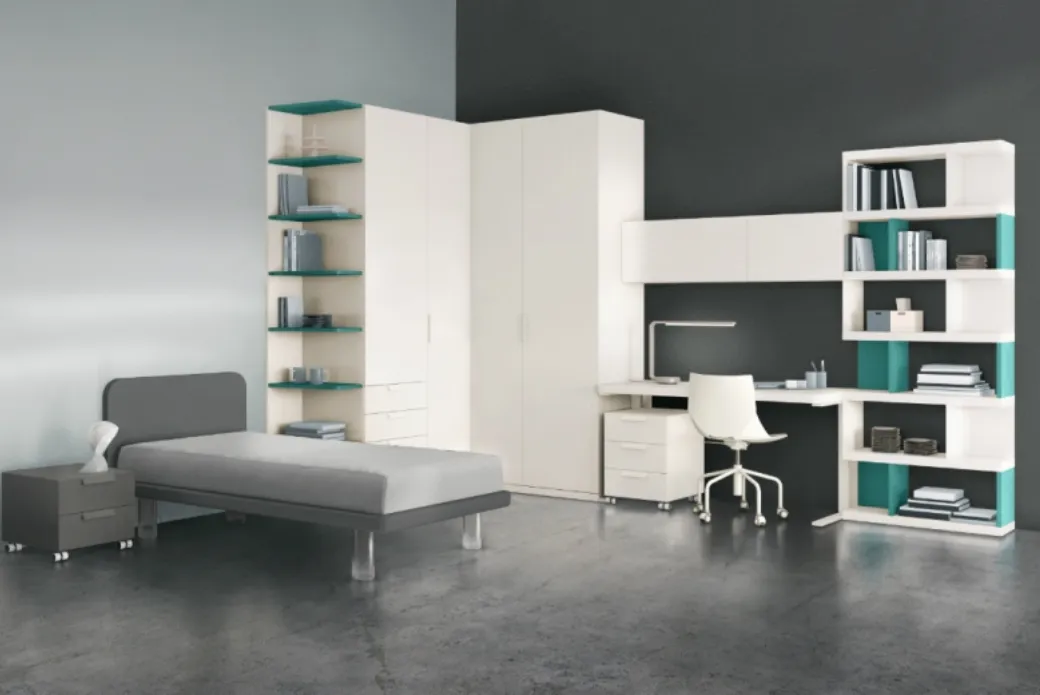 Petite chambre avec bureau et bibliothèque