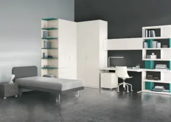 Petite chambre avec bureau et bibliothèque