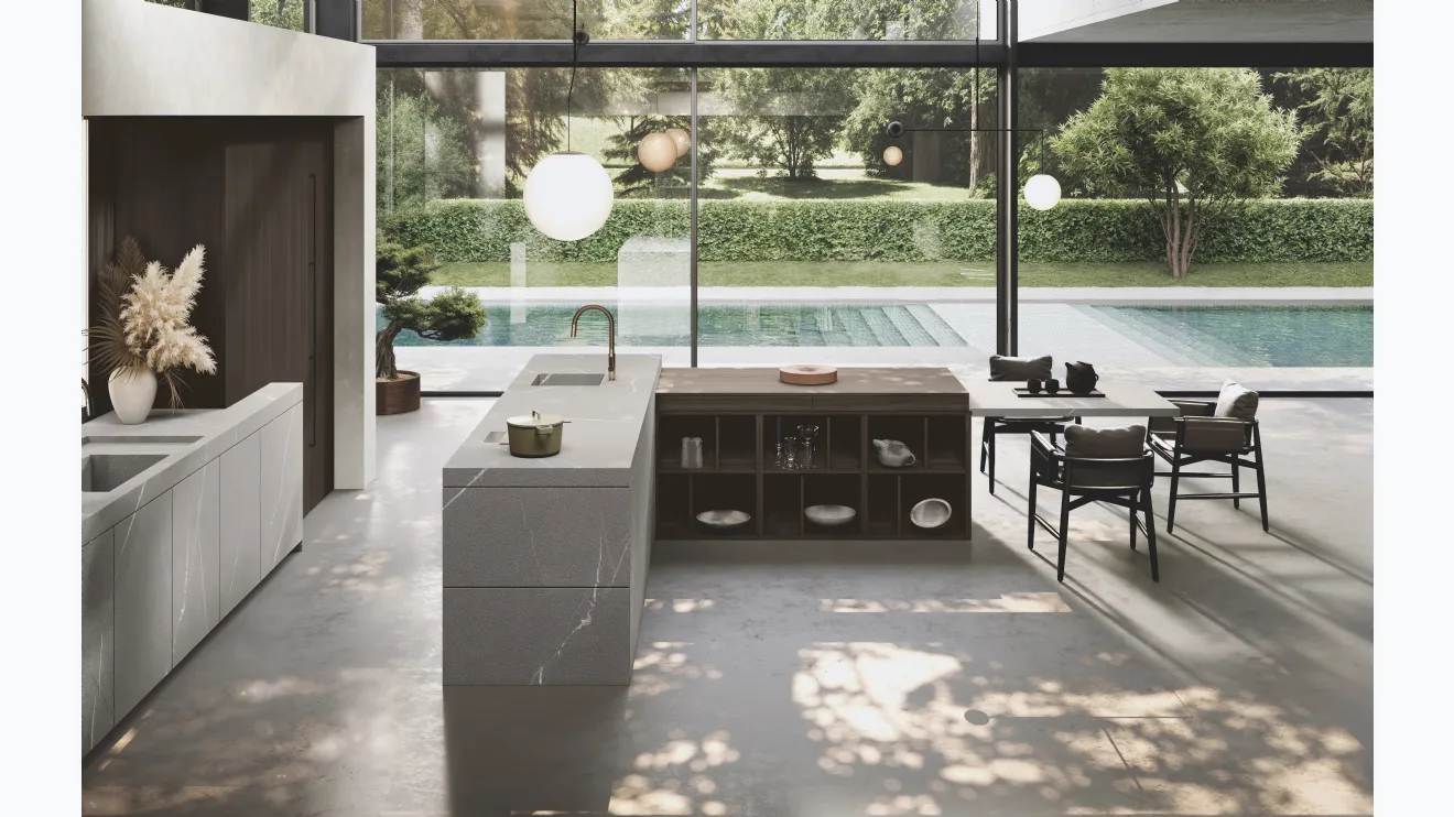 Cuisine design avec îlot et péninsule Bluna Gres de Binova