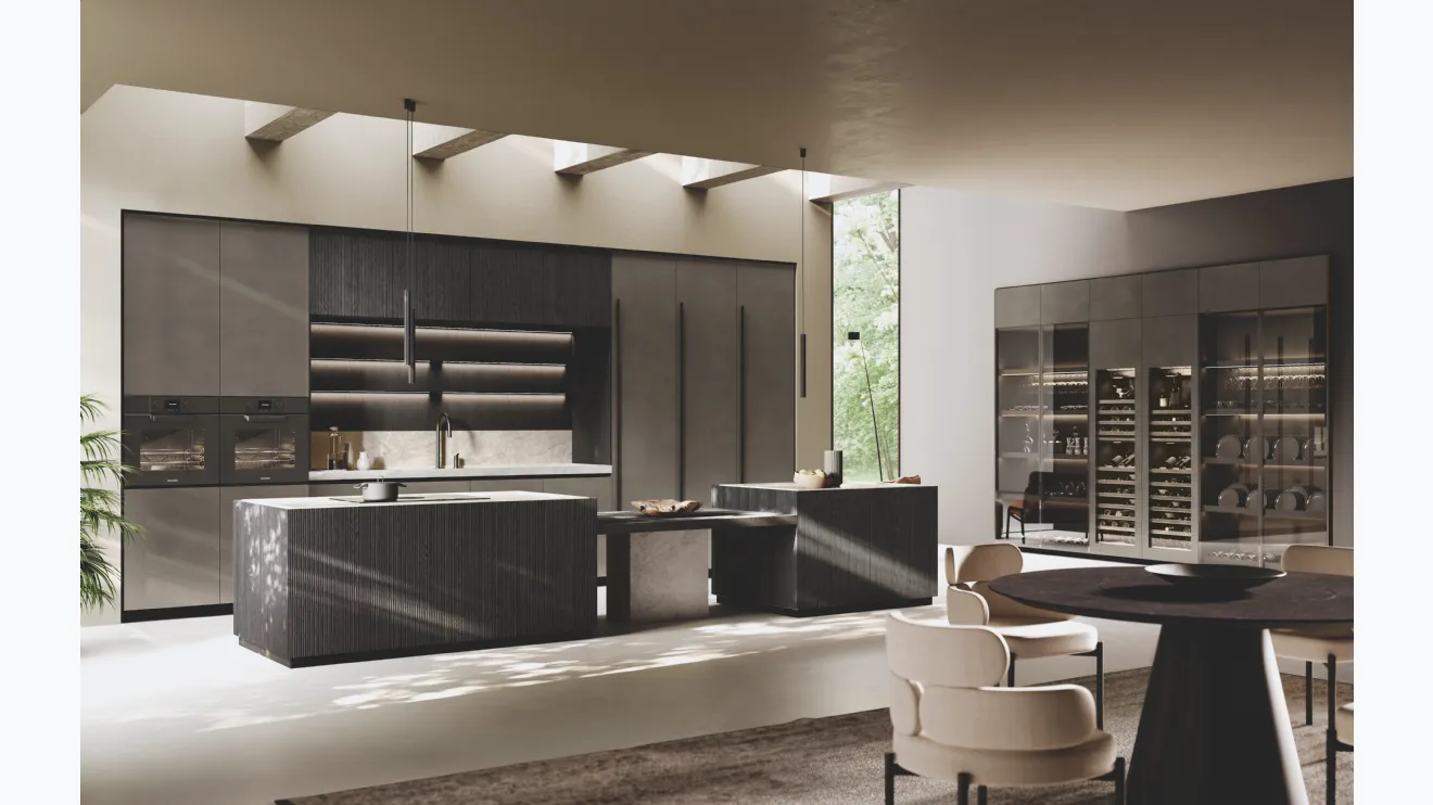 Cuisine design en métal laqué avec îlot en bois rayé Bluna de Binova.