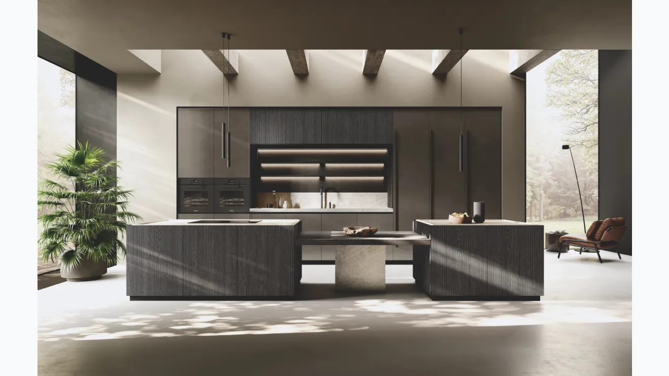 Cuisine design laquée en métal avec îlot en bois rayé Bluna de Binova.