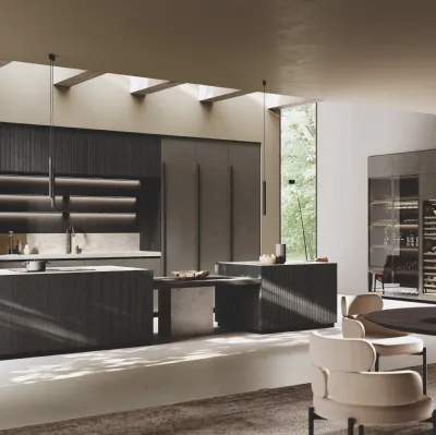 Cuisine design en métal laqué avec îlot en bois rayé Bluna de Binova.