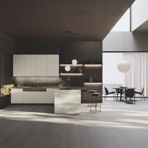 Cuisine design avec îlot Bluna Tech mat en laqué et bois stratifié chêne de Binova.
