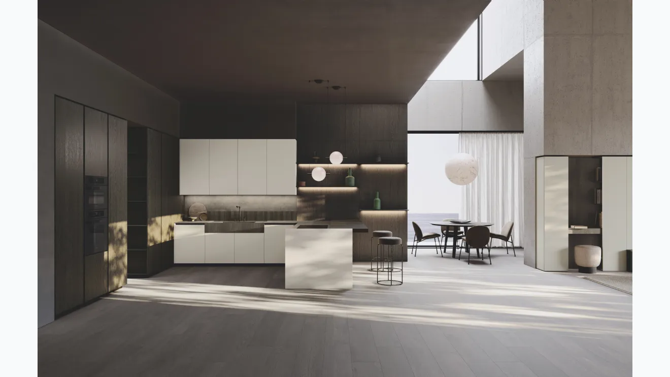 Cuisine design avec îlot Bluna Tech mat en laqué et bois stratifié chêne de Binova.