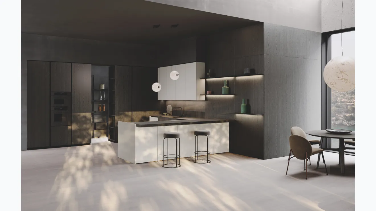 Cuisine design avec péninsule Bluna Tech Opaco en laqué et stratifié bois chêne de Binova.