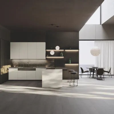 Cuisine design avec îlot Bluna Tech mat en laqué et bois stratifié chêne de Binova.