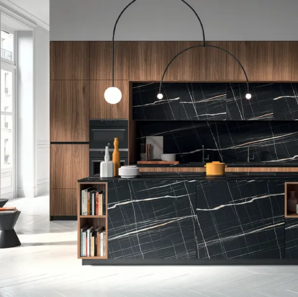 Cuisine design avec l'îlot HC-08 High Design 07 en noyer et HPL d