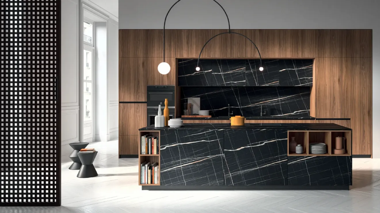 Cuisine design avec l'îlot HC-08 High Design 07 en noyer et HPL d