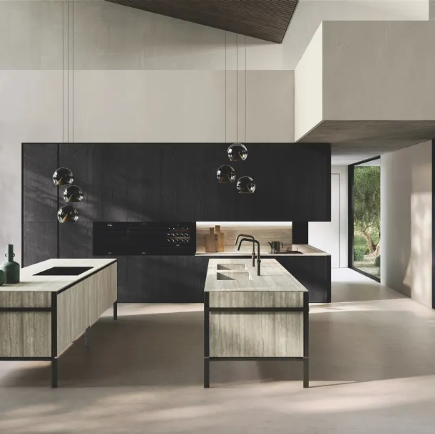 Cuisine design en stratifié chêne noir avec double îlot Lab Gres de Binova.