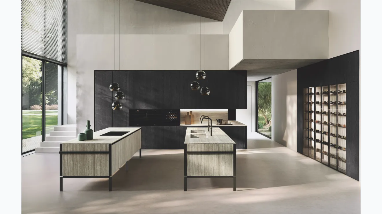 Cuisine design en stratifié chêne noir avec double îlot Lab Gres de Binova.