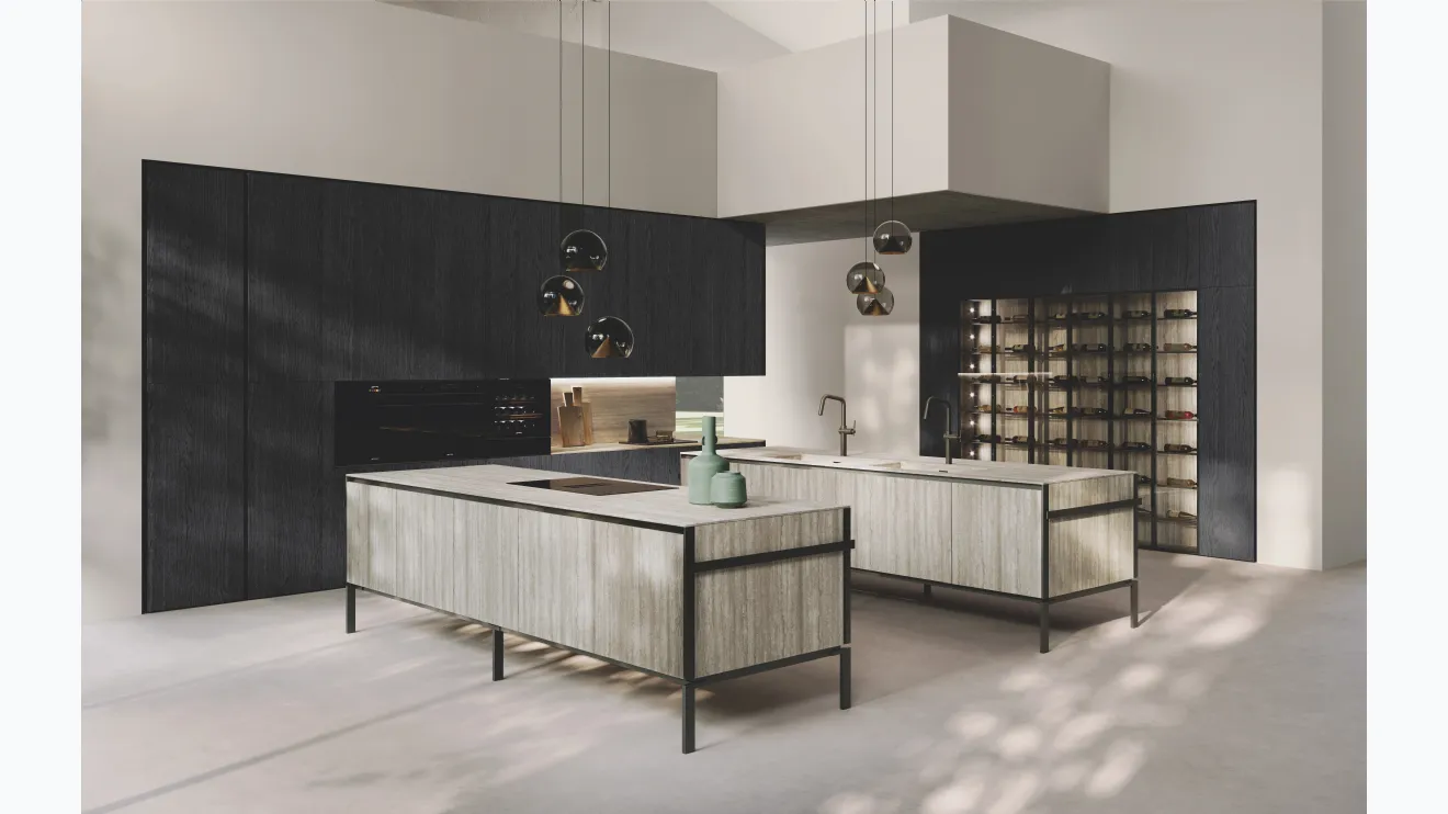 Cuisine design en laminé chêne noir avec double îlot en grès de Binova.