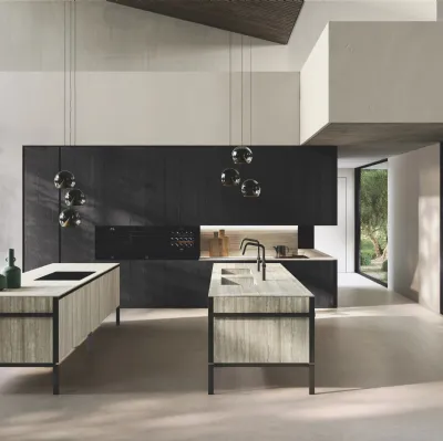 Cuisine design en stratifié chêne noir avec double îlot Lab Gres de Binova.