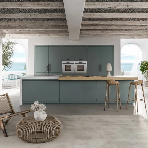 Cuisine moderne avec îlot Anuba laqué en gris Paxos de Miton.