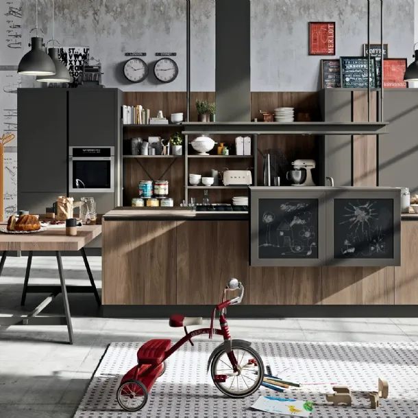 Cuisine moderne avec îlot SP-22 Industriel 03 en Noyer Brianza et laqué par Astra
