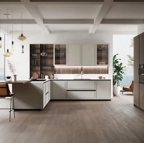Cuisine moderne avec îlot Tes en laqué gris Box et stratifié en bois de Miton
