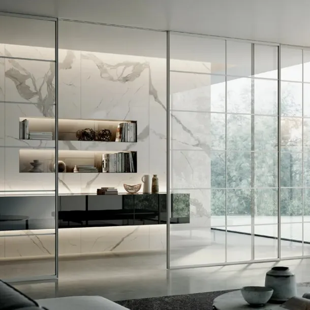 Porte coulissante intérieure en verre et aluminium Plana System Easy Nevada Blanc de BiHome.